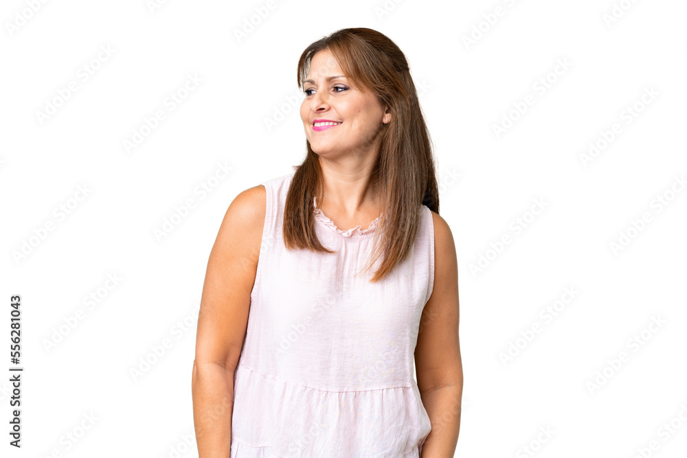 Middle age woman over isolated background looking side Middle age woman over isolated background looking side