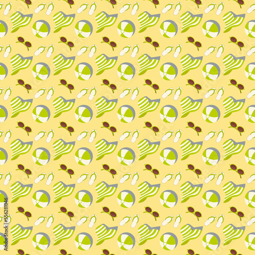 Summer beach seamless pattern with flip flops, sunglasses, beach ball and sun hat