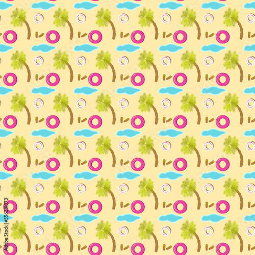 Summer beach seamless pattern with palm tree, flip flops, inflatable rings vector