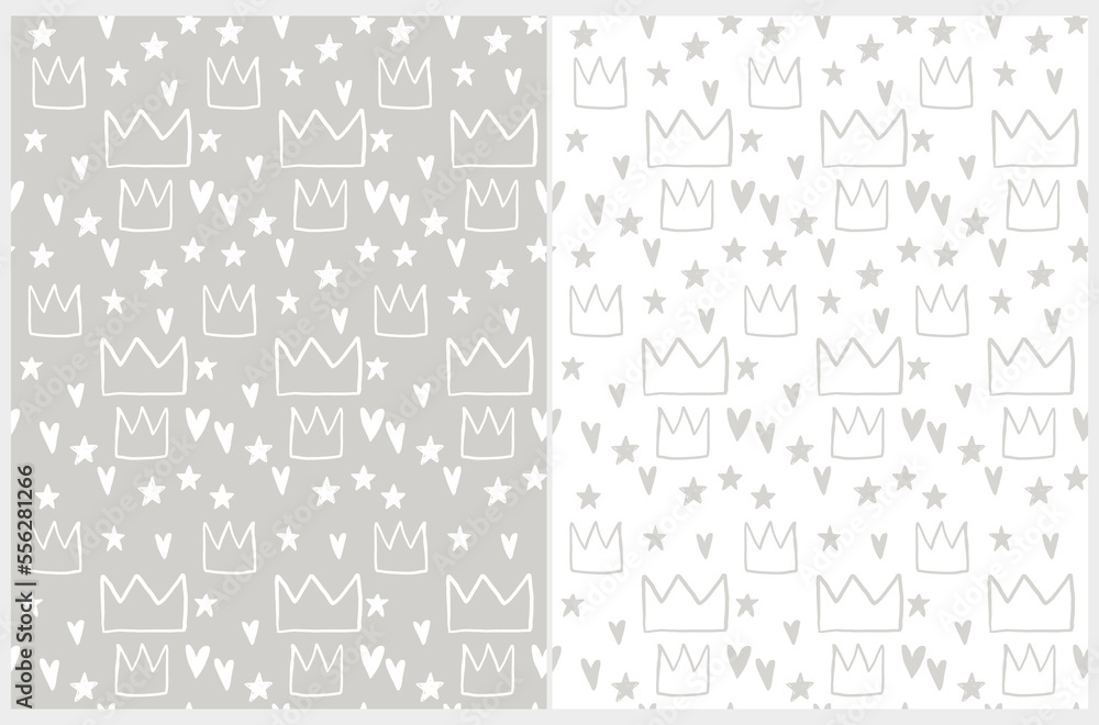 Abstract Doodle Seamless Vector Patter with Hand Drawn Hearts, Stars and Crown on a Light Gray and White Background. Color Neutral Baby Shower Print ideal for Fabric, Wrapping Paper, Textile. Abstract Doodle Seamless Vector Patter with Hand Drawn Hearts, Stars and Crown on a Light Gray and White Background. Color Neutral Baby Shower Print ideal for Fabric, Wrapping Paper, Textile.