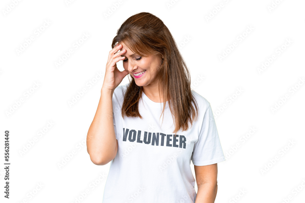 Middle age volunteer woman over isolated background laughing Middle age volunteer woman over isolated background laughing