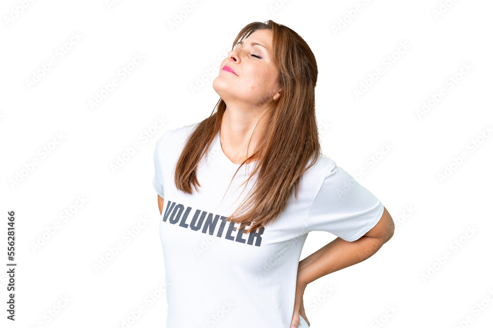 Middle age volunteer woman over isolated background suffering from backache for having made an effort Middle age volunteer woman over isolated background suffering from backache for having made an effort