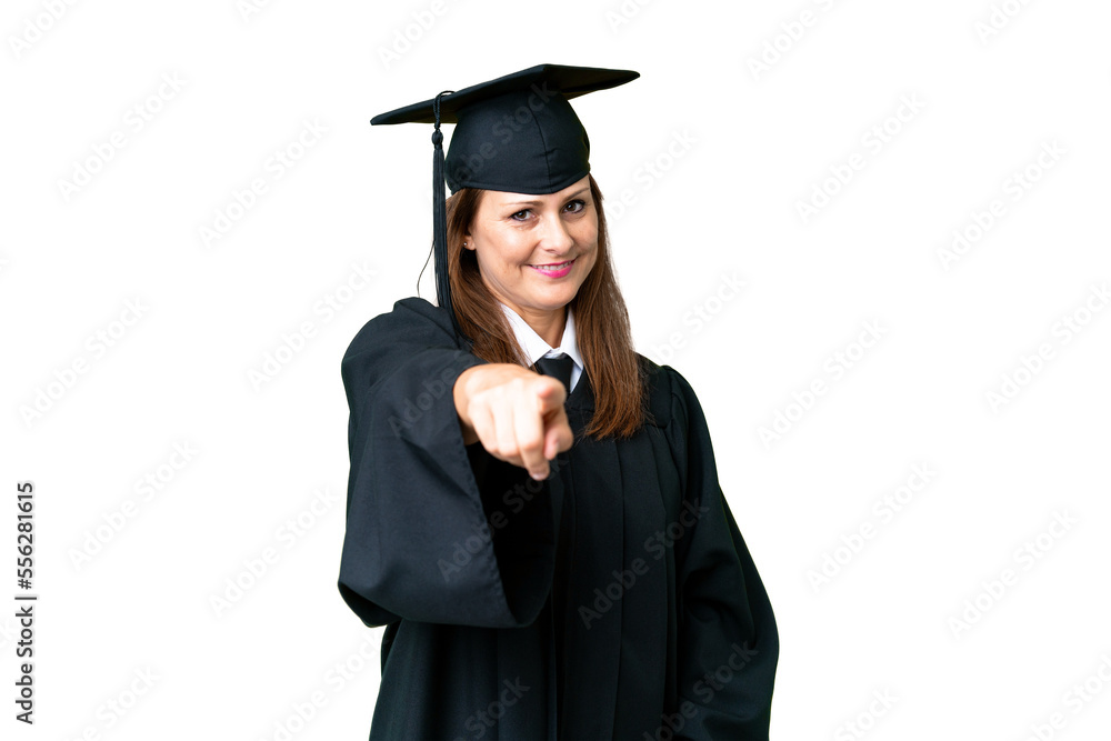 Middle age university graduate woman over isolated background points finger at you with a confident expression Middle age university graduate woman over isolated background points finger at you with a confident expression