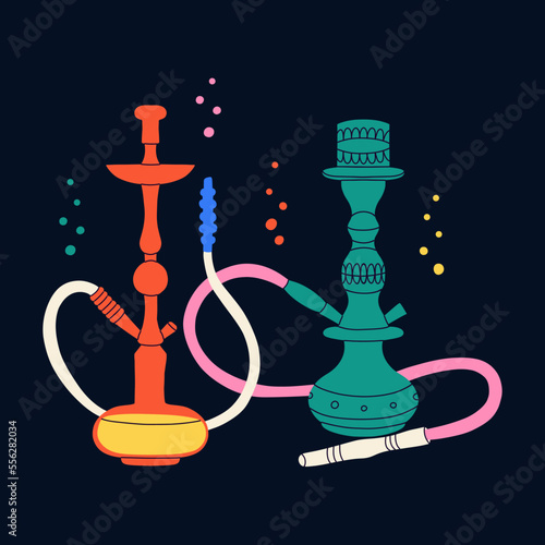 Hookah card. Modern drawing lounge bar or smoke shop poster, arabic tobacco smoking equipment. Calabash with glass flask and tube, bright contemporary vector cartoon flat isolated illustration