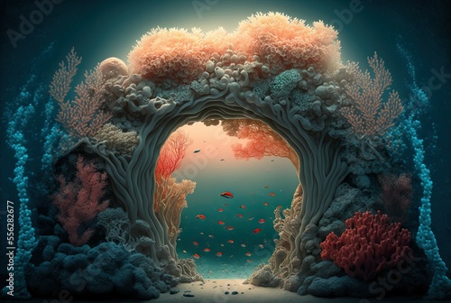 Photo Coral Archway in the Ocean. Generative AI.