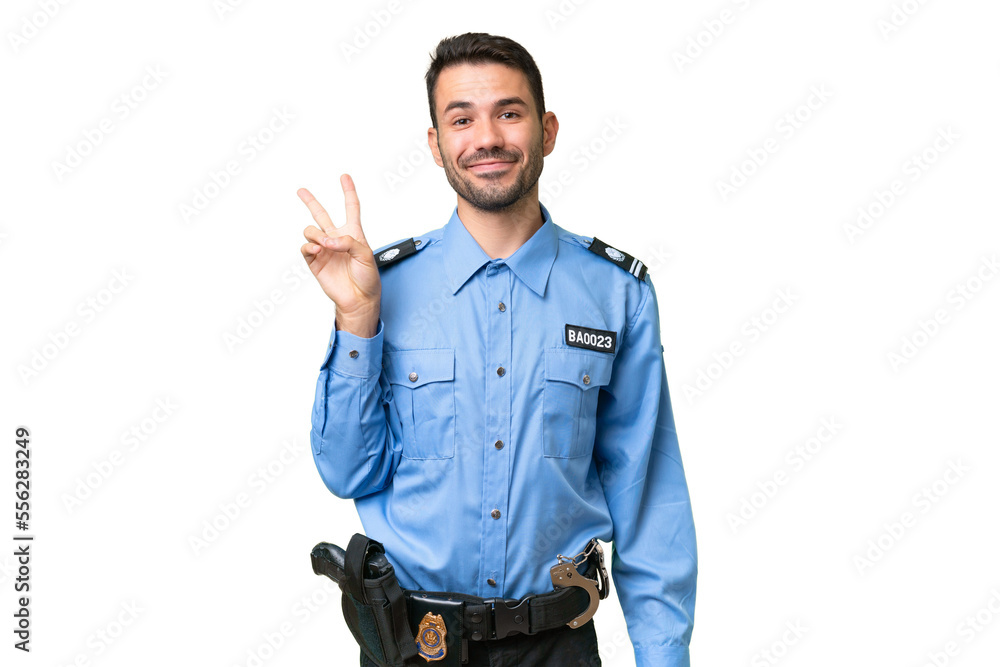 Young police caucasian man over isolated background smiling and showing victory sign Young police caucasian man over isolated background smiling and showing victory sign