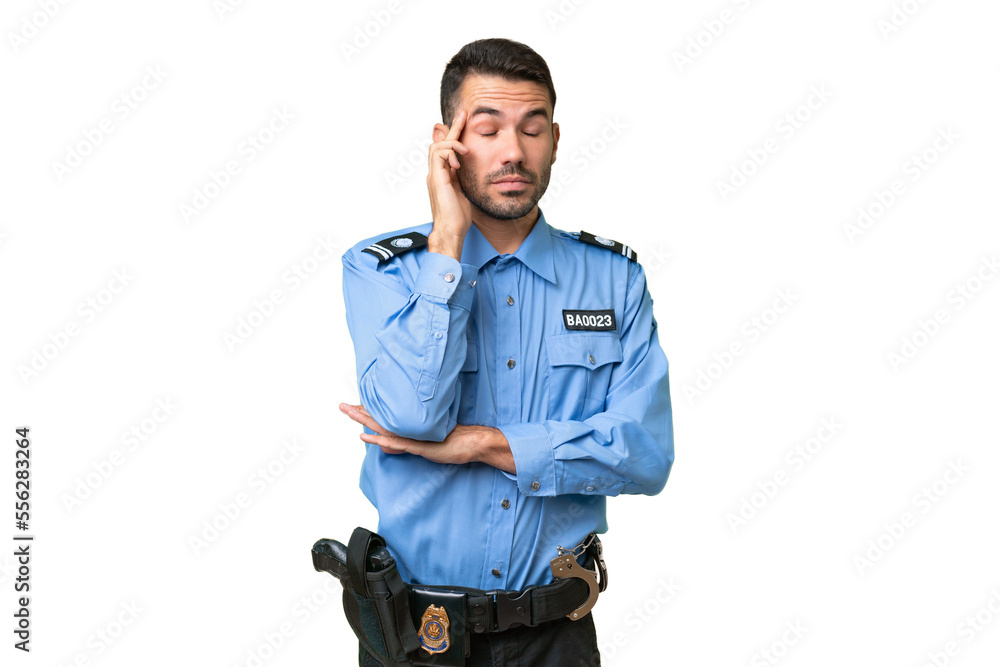 Young police caucasian man over isolated background with headache Young police caucasian man over isolated background with headache