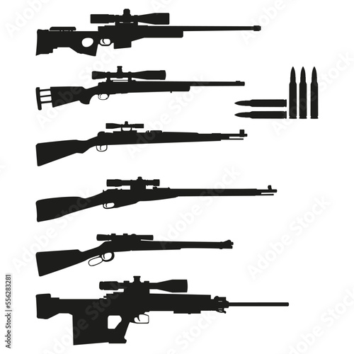 Sniper weapon black silhouette set flat vector illustration isolated on white background