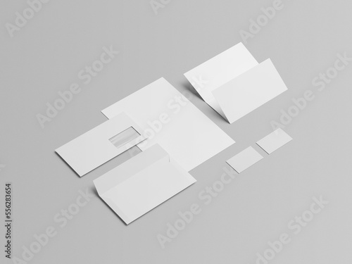 High-level View Stationery Mockup of Two Letters and Business Cards with Two Envelopes