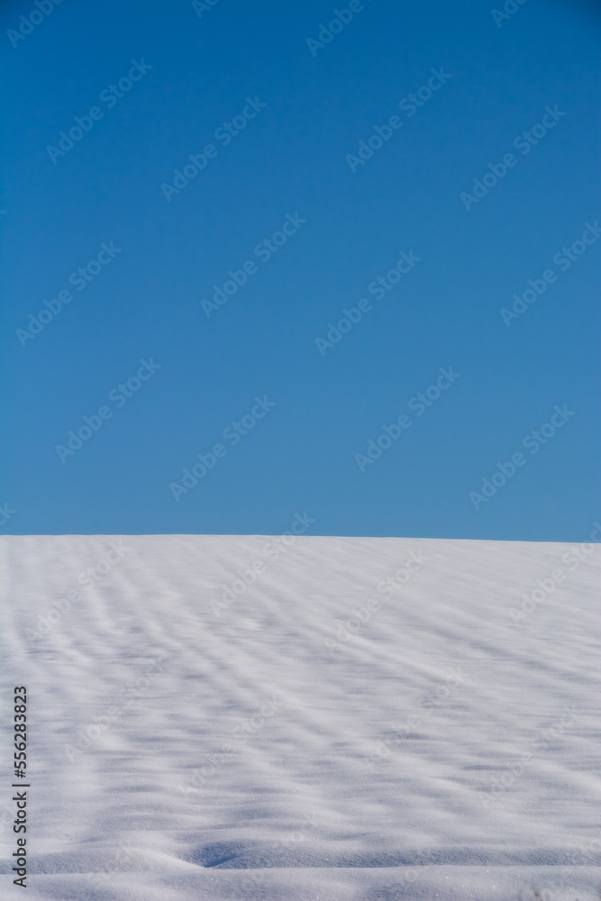 青空と雪が積もった冬の畑
