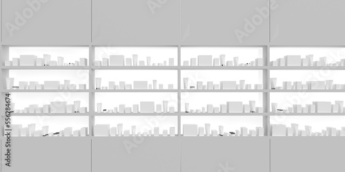 Obraz na plátně Pharmacy shelf full of health and beauty products 3d illustration background