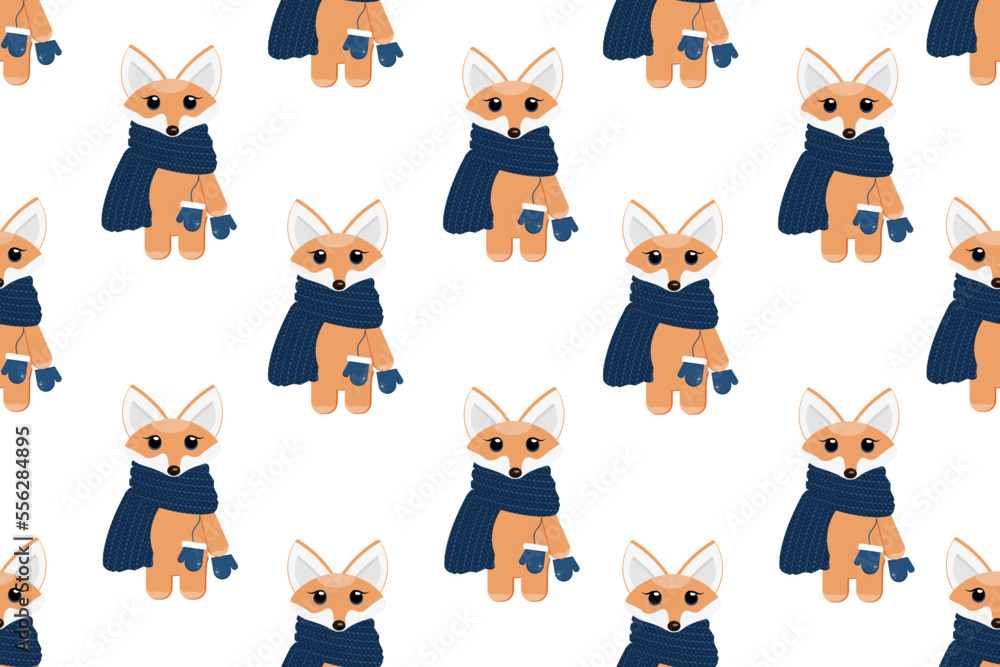 Seamless pattern with little red fox in a blue knitted scarf with mittens on a string. Wallpaper and bed linen print. Seamless pattern with little red fox in a blue knitted scarf with mittens on a string. Wallpaper and bed linen print.