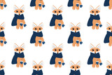 Seamless pattern with little red fox in a blue knitted scarf with mittens on a string. Wallpaper and bed linen print.