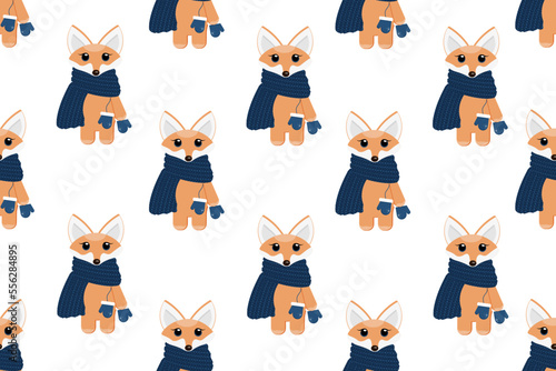 Seamless pattern with little red fox in a blue knitted scarf with mittens on a string. Wallpaper and bed linen print.