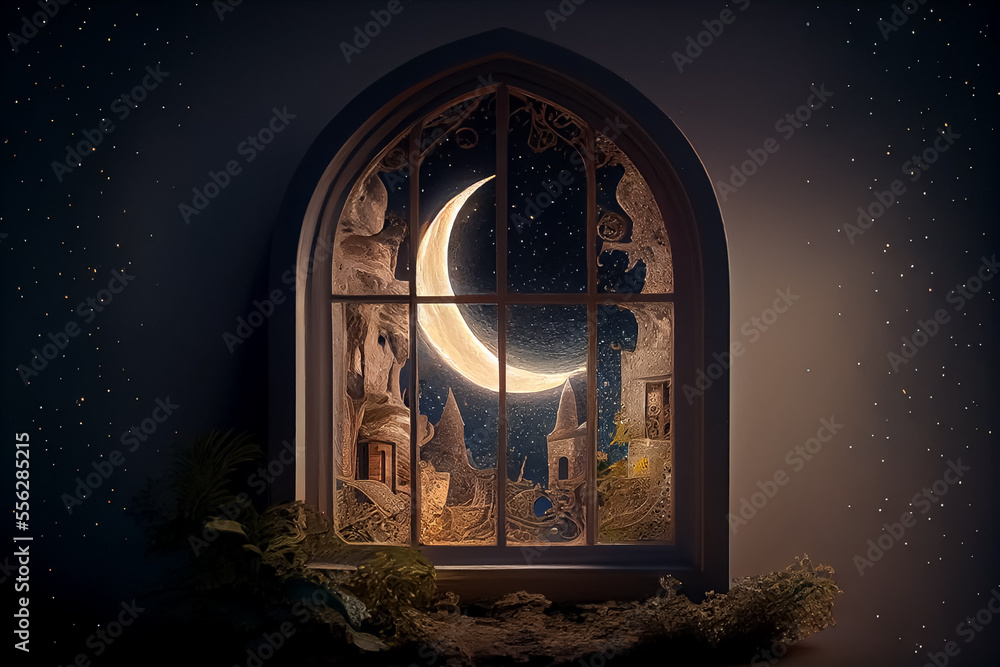 illustration of amazing architecture window with night and crescent view