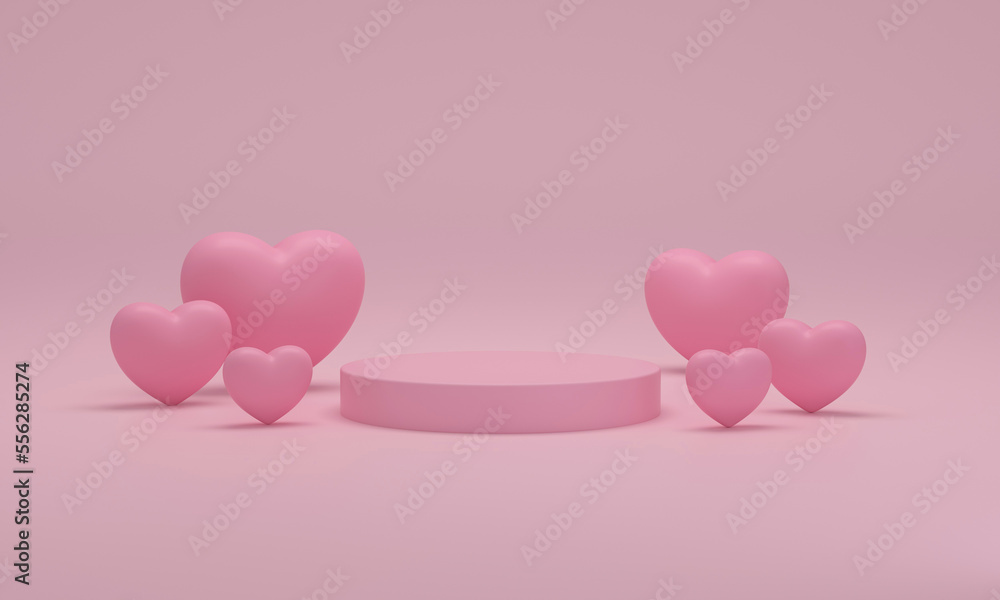 Podium with hearts on pink background. Celebrate special days.