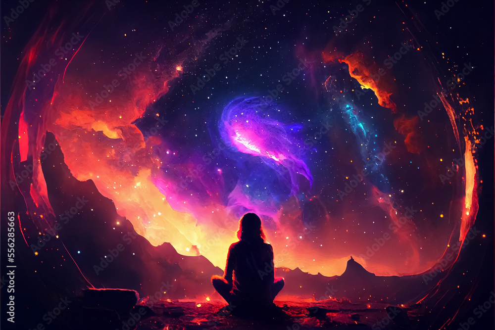 illustration of woman in lotus position meditating in stars space milky way background.AI