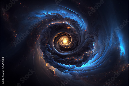 Blue and gold black glowing multidimensional portal illustration, AI