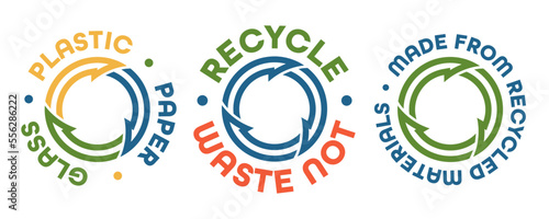Recycling plastic, paper and glass without waste. Made from recycled materials. Vector signs on the theme of waste recycling.