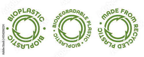 Bioplastic, biodegradable plastic and made from recycled plastic. Vector signs on the theme of recycling.