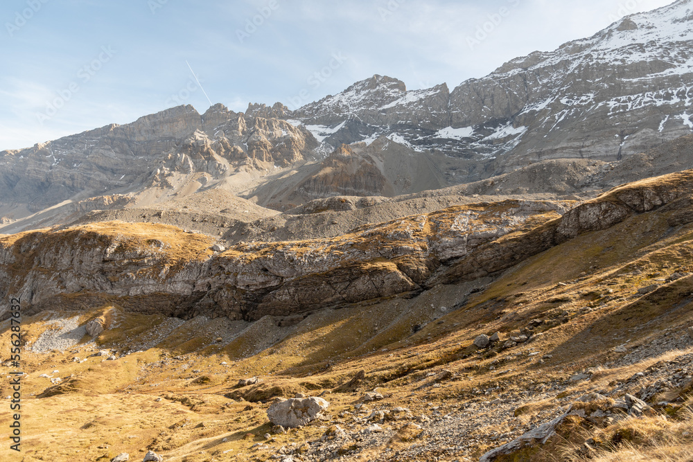 Incredible beautiful mountain panorama view at the Klausenpass in Switzerland