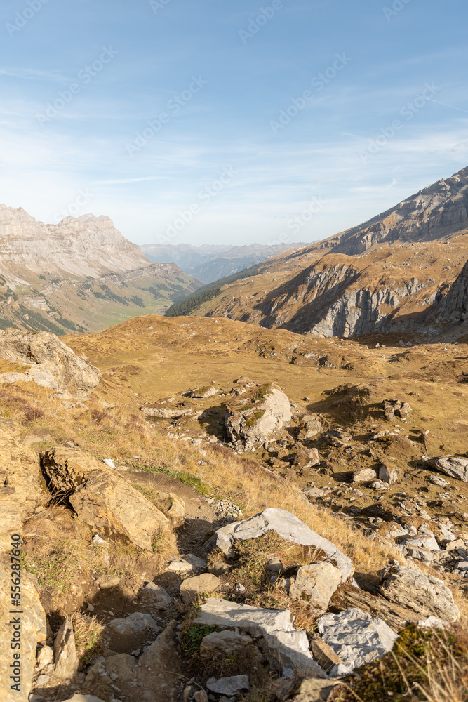 Incredible beautiful mountain panorama view at the Klausenpass in Switzerland