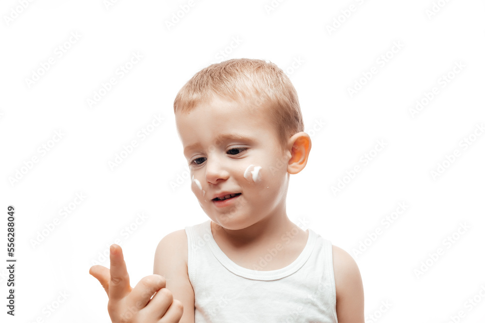 Cute baby with body cream for protect skin on white background. concept cleaning wipe, pure, clean Cute baby with body cream for protect skin on white background. concept cleaning wipe, pure, clean