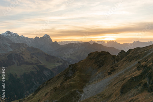 Majestic sunset scenery from the top of the Balmer Graetli region at the Klausenpass in Switzerland