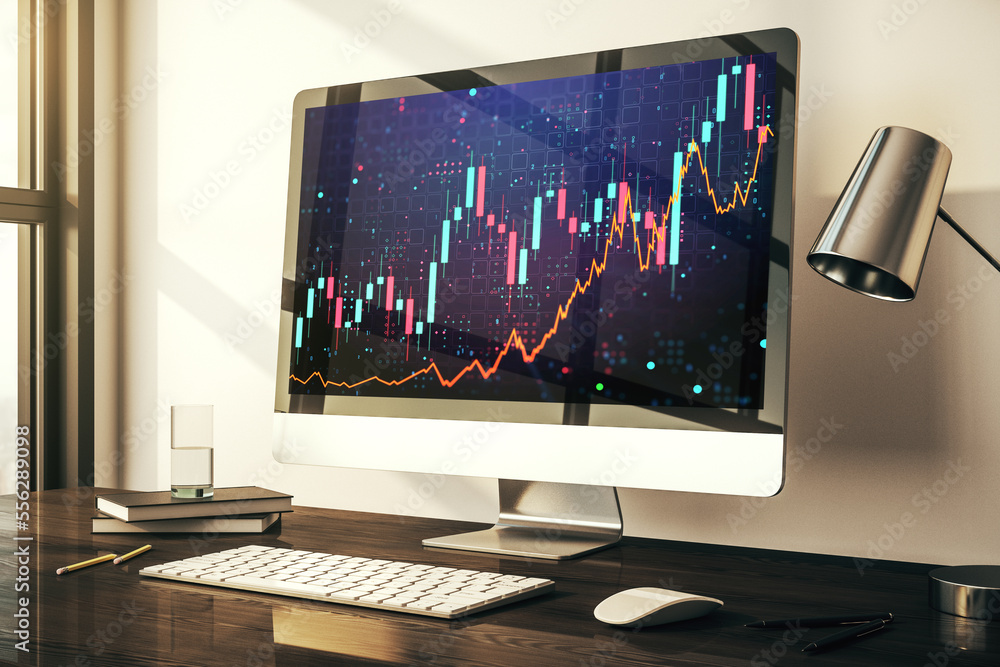 Modern computer monitor with abstract creative financial chart, research and strategy concept. 3D Rendering Modern computer monitor with abstract creative financial chart, research and strategy concept. 3D Rendering