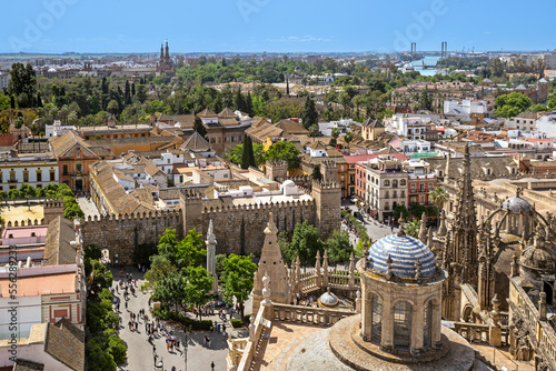 Aerial view of Plaza del Triunfo and Alcazar from the Giralda tower of the Sevilla Cathedral in Sevilla, Spain photo