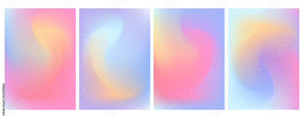 Holographic gradient set. Iridescent aura pastel rainbow mesh soft backgrounds for design concepts, web, smartphone screen, presentations, banners, posters and prints - obrazy, fototapety, plakaty 