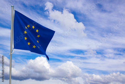 European Union Flags Over Blue Sky Background. 3D Illustration