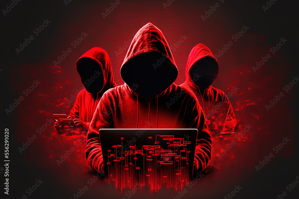 faceless hackers in red shadows using laptops, along with abstract digital symbols. Generative AI