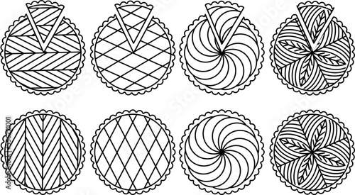 Galette des rois traditional french epiphany cake. Vector icon set with black outline from above with slice.