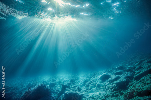 Dark blue ocean surface seen from underwater. Abstract waves underwater and rays of sunlight shining through. Generative AI