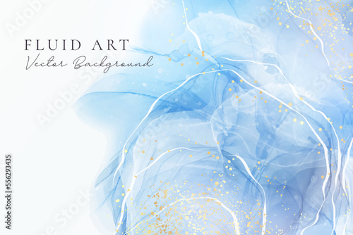 Violet cyan blue liquid watercolor background with golden stains. Teal mauve purple marble alcohol ink drawing effect. Vector illustration design template for wedding invitation, menu, rsvp