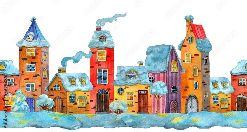 Seamless border of watercolor old medieval houses in snow. European old town street view. Design for tourists goods, backgrounds, covers. Winter illustration in cartoon style for kids books.