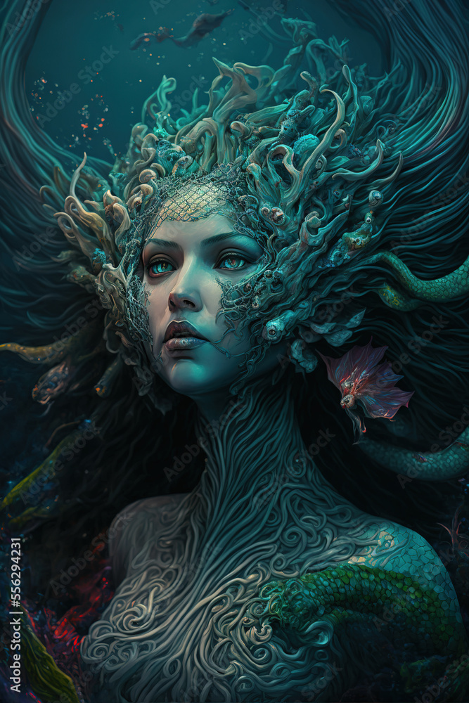 siren, mermaid, underwater, dark fantasy, horror, demons, art illustration
