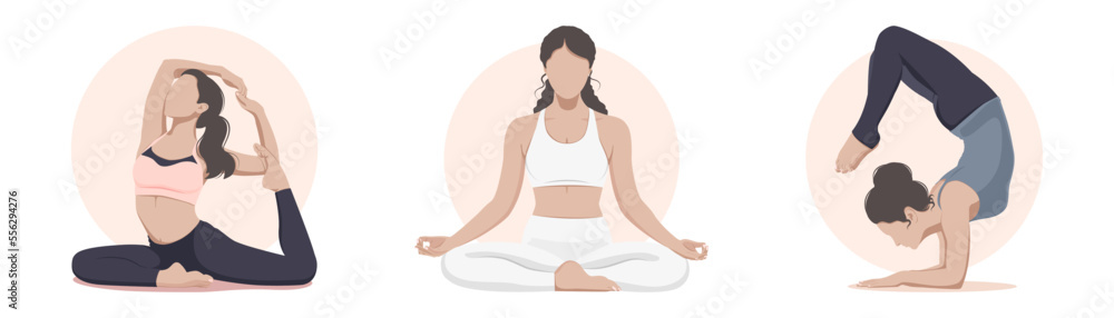 Set of three poses for yoga girls with beige tones Set of three poses for yoga girls with beige tones