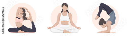 Set of three poses for yoga girls with beige tones