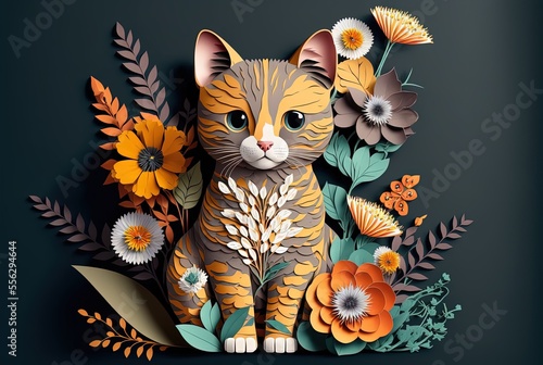 paper art style illustration of a cat with flower blossom