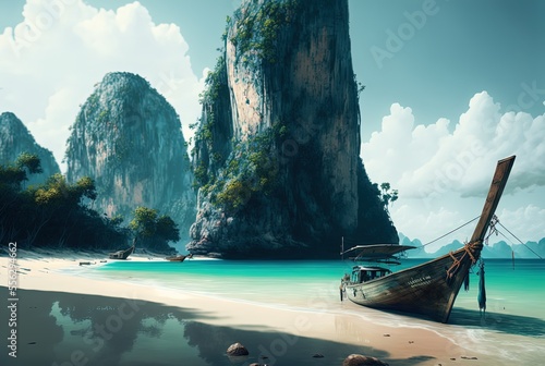illustration of  beautiful island paradise seascape inspired from Krabi, Thailand