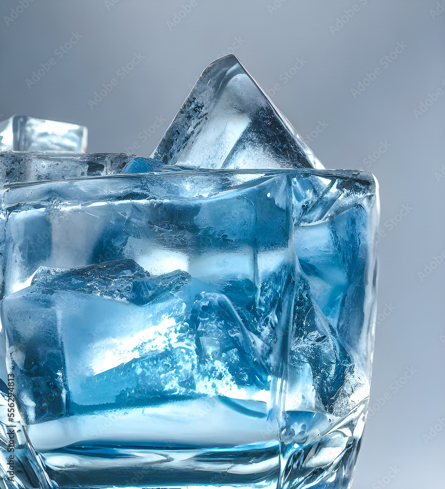 Cubes of frozen fresh water. Pouring vodka on ice cubes. Realistic  illustration of a transparent glass with ice cubes for cooling drinks.  Rinfrescante soda tonic. Refreshing drink. Alcohol. Bar Illustration Stock