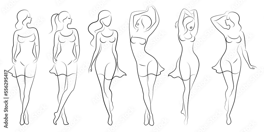 Collection. Girl silhouettes in modern single line style. Women's line art continuous line drawing, decor aesthetic outline, posters, wall art, stickers, logo. Vector illustration set.