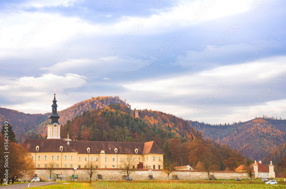The picturesque Rein Abbey, founded in 1129, the oldest Cistercian abbey in the world, located in Rein near Graz, Steiermark, Austria