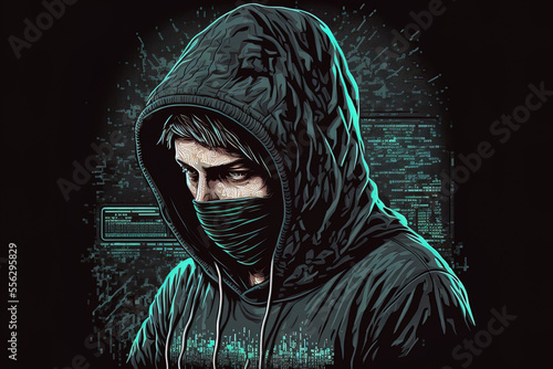 Attempts to breach a system to steal important information are shown in a portrait of a hacker wearing a hoodie and cap. Generative AI