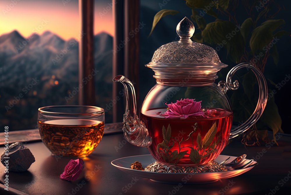 illustration of rose and herbal tea with nature 
 landscape background,	
 - obrazy, fototapety, plakaty 