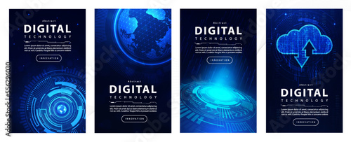 Blue abstract layout science and digital technology background banner set, Cloud cyber futuristic tech, innovation future Ai big data, world internet network connection, hi-tech illustration vector 3d