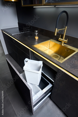 Kitchen waste bin cabinet. Pull out kitchen drawer for waste bin separate waste collection under golden sink basin and faucet black glass electric hob stoneware toptable contemporary flat design. photo