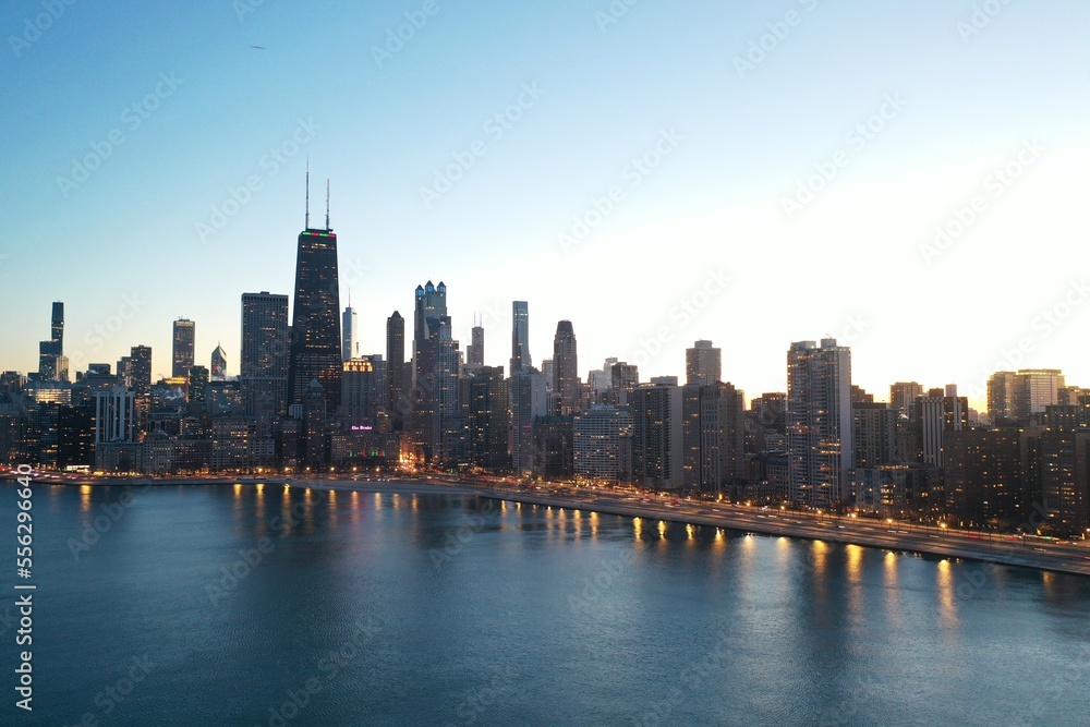 Aerial view of Chicago city skyline
